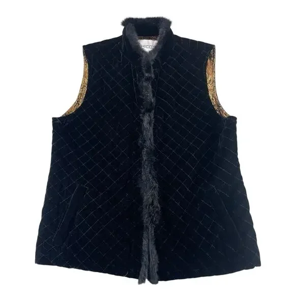 Chico's Black Quilted Velvet Rabbit Fur Trim Vest Womens Sz 1 (M) Brocade Lined - Picture 8 of 8